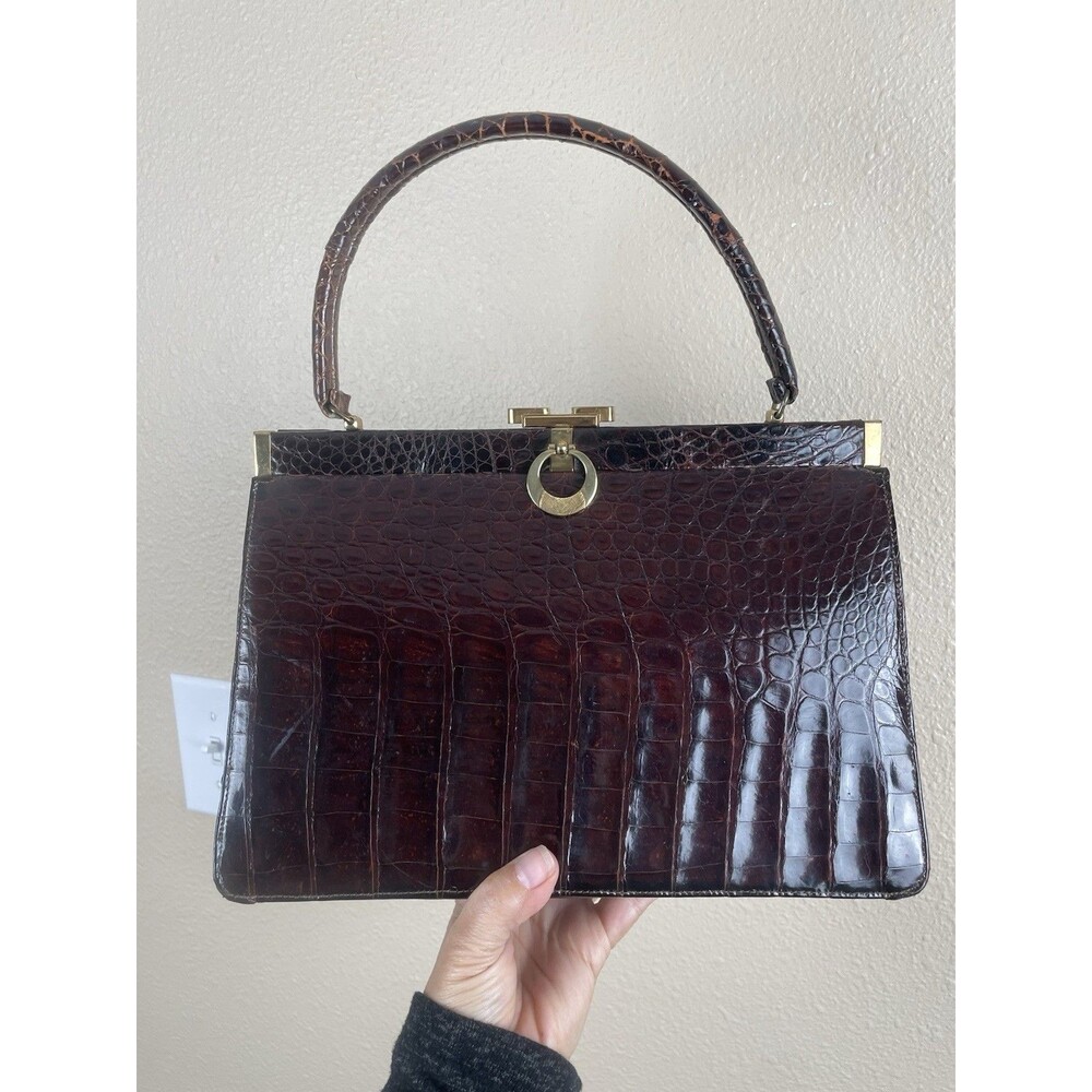 Vintage 1950s Bellestone Crocodile Alligator Handbag Top Handle Mid Century